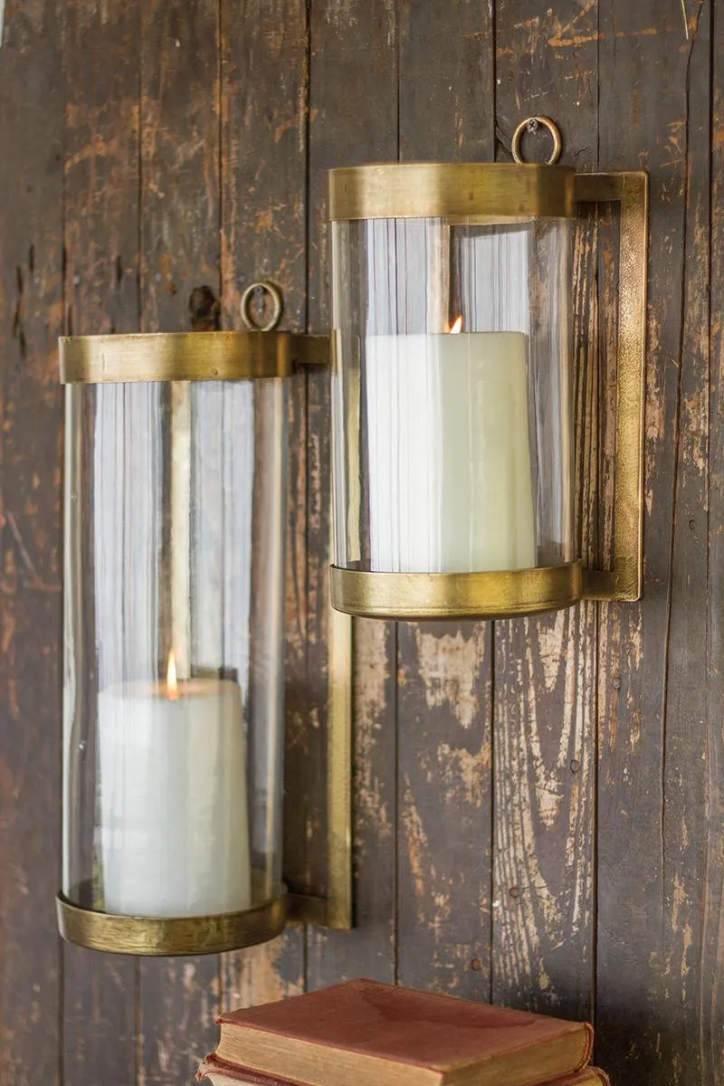 Glass and Antique Brass Finish Wall Mounted Hurricane \ Small