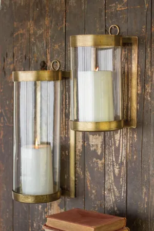 Glass and Antique Brass Finish Wall Mounted Hurricane \ Small
