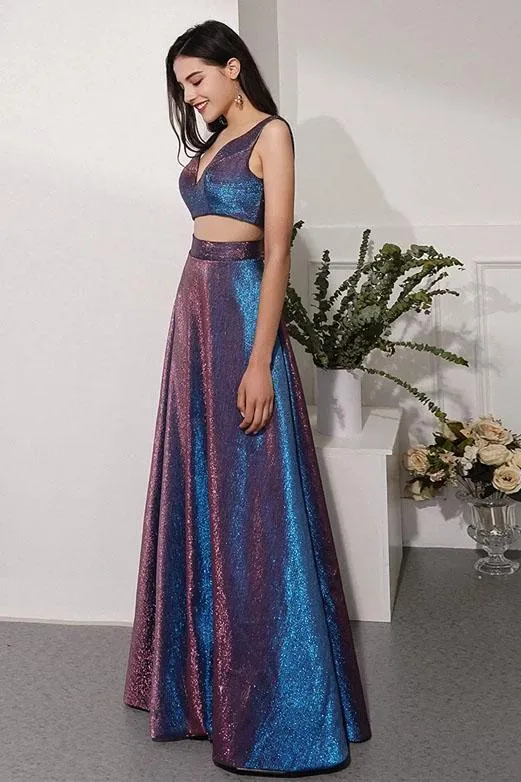Glitter Two Piece Sequin Prom Dresses Long Evening Dress