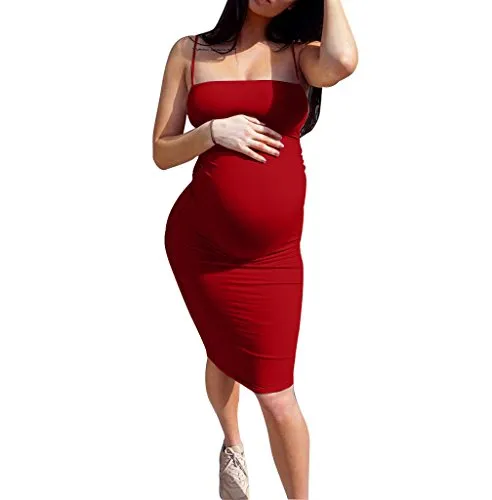 GOBLES Women's Sexy Spaghetti Strap Sleeveless Bodycon Mid Club Dress (S, Red)