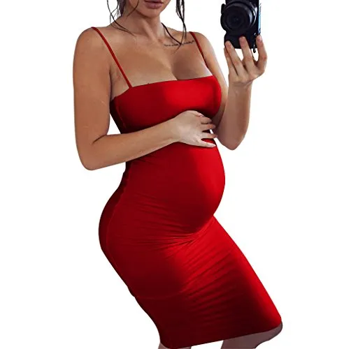 GOBLES Women's Sexy Spaghetti Strap Sleeveless Bodycon Mid Club Dress (S, Red)