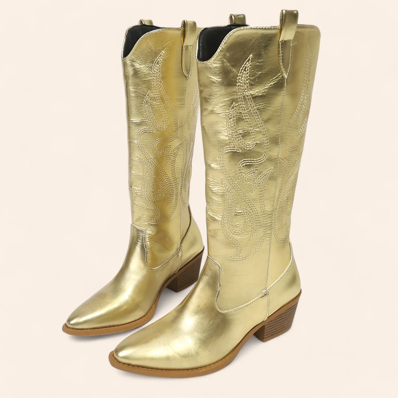 Gold cowboy boots with stitched embroidery - N°102
