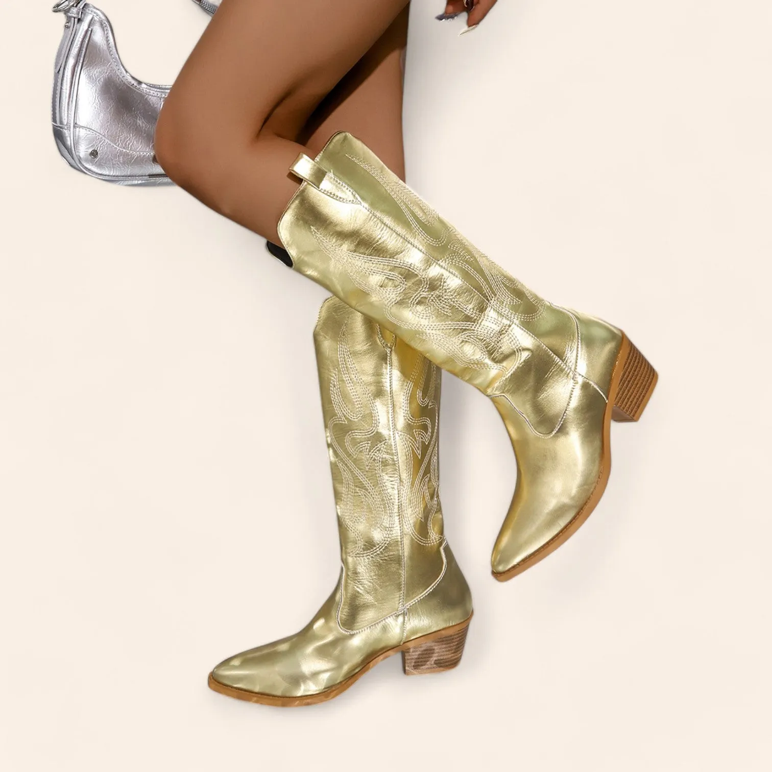 Gold cowboy boots with stitched embroidery - N°102