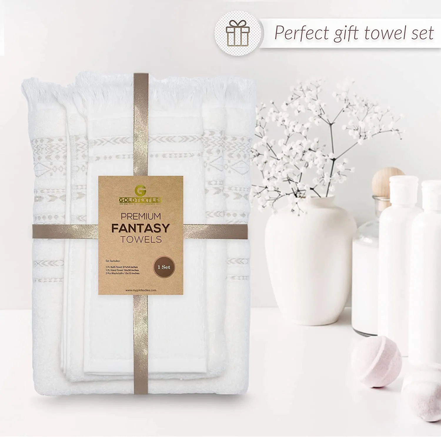 GOLD TEXTILES Fantasy Collection Premium Bathroom Towel Set Bath Towel (27x54) - Hand Towel (16x30) 2 washcloths (13x13)