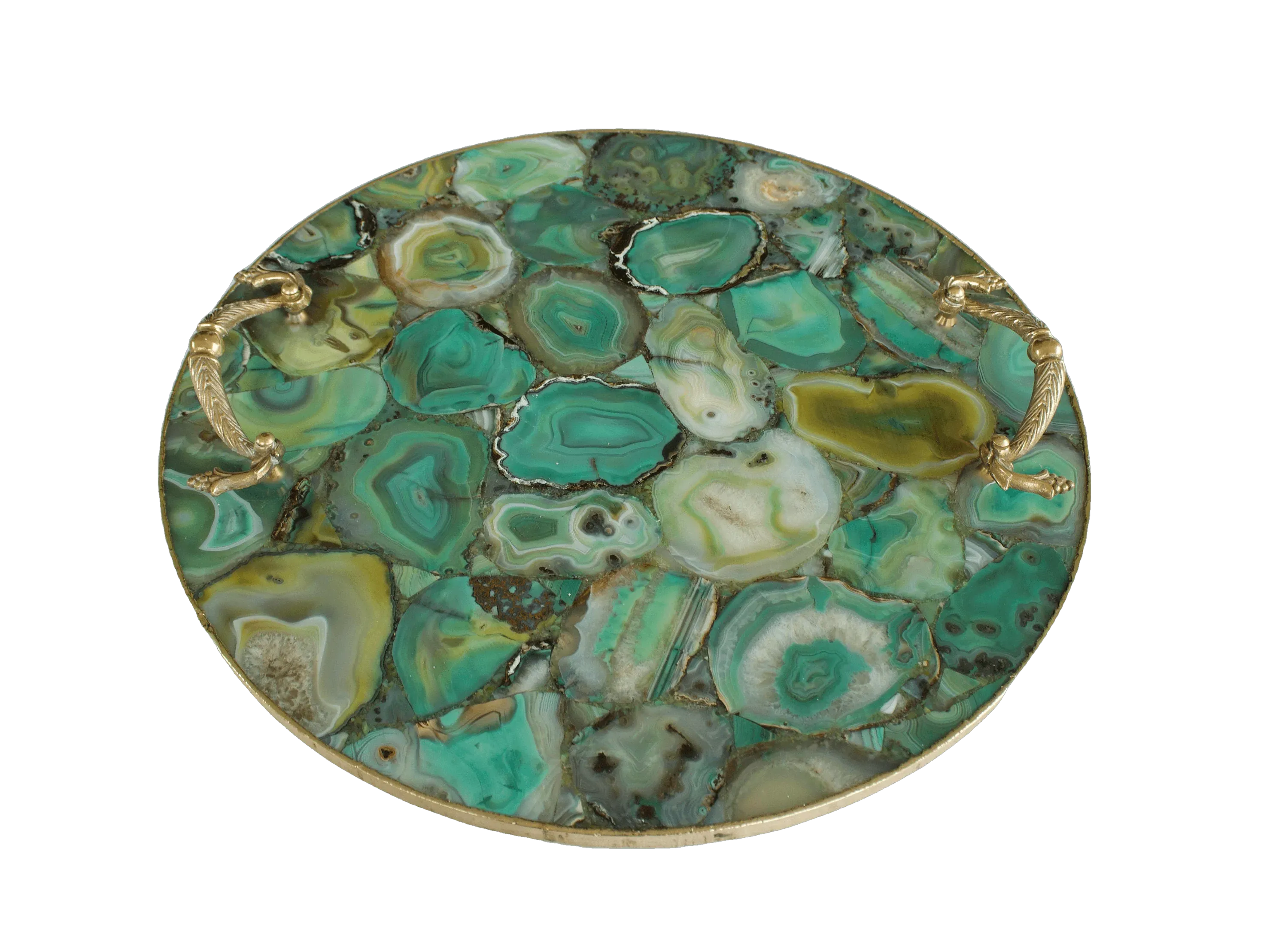 Green Agate Round Serving Tray With Brass Handles