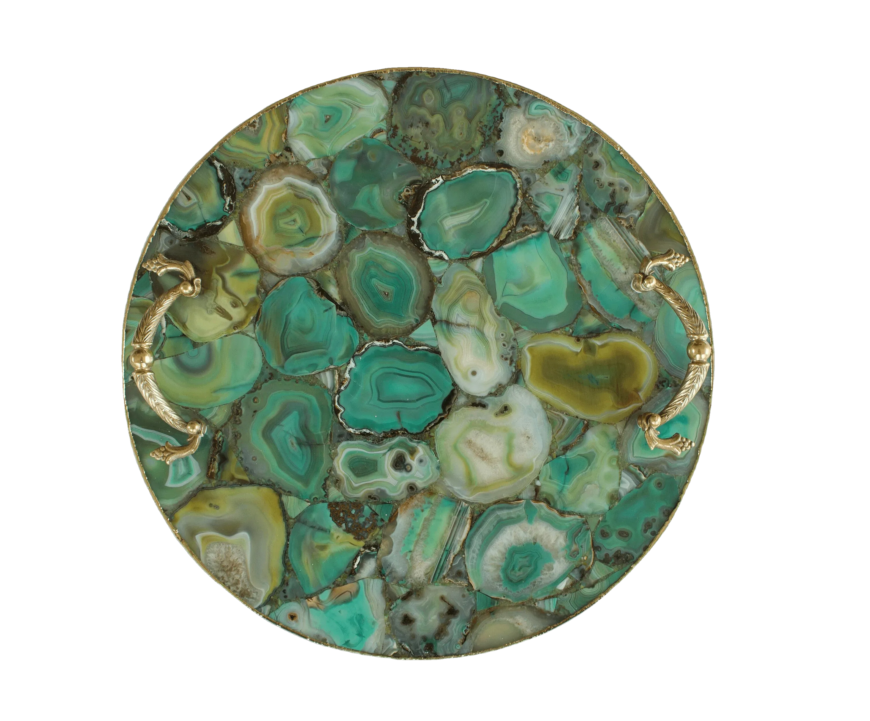 Green Agate Round Serving Tray With Brass Handles