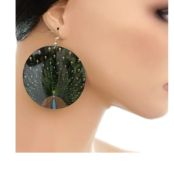 Green Black Spotted Glossy Peacock Earrings