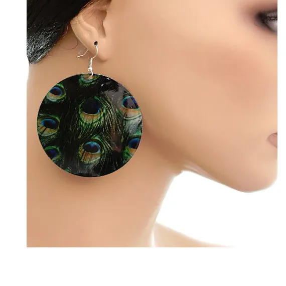 Green Blue Spotted Glossy Peacock Earrings