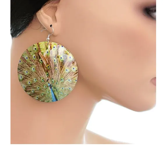 Green Brown Spotted Glossy Peacock Earrings