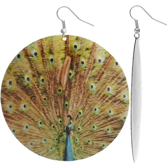 Green Brown Spotted Glossy Peacock Earrings