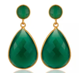 Green Onyx Gemstones Studs Drop Dangle Gold Plated Teardrop Earrings 2"