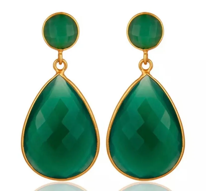 Green Onyx Gemstones Studs Drop Dangle Gold Plated Teardrop Earrings 2"
