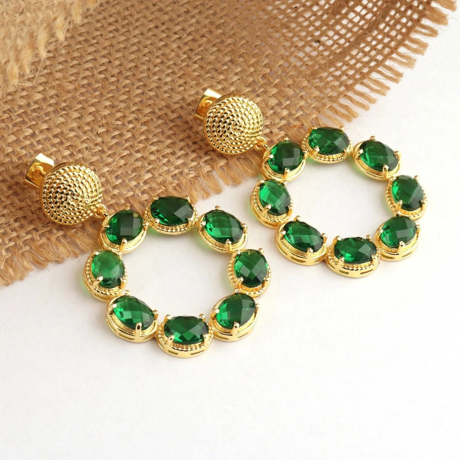 Green Quartz Gemstone Gold Twisted Statement Earrings 2"