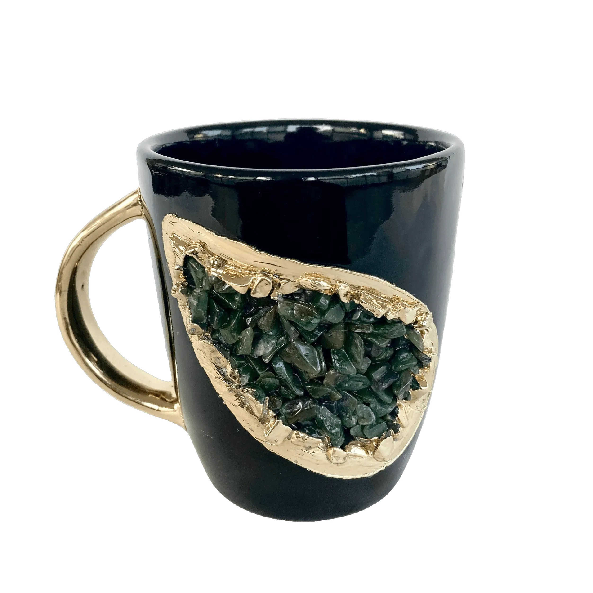 Green Quartz Marbled Black Ceramic Coffee Mug with Gold Handle - Set of 2