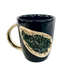 Green Quartz Marbled Black Ceramic Coffee Mug with Gold Handle - Set of 2