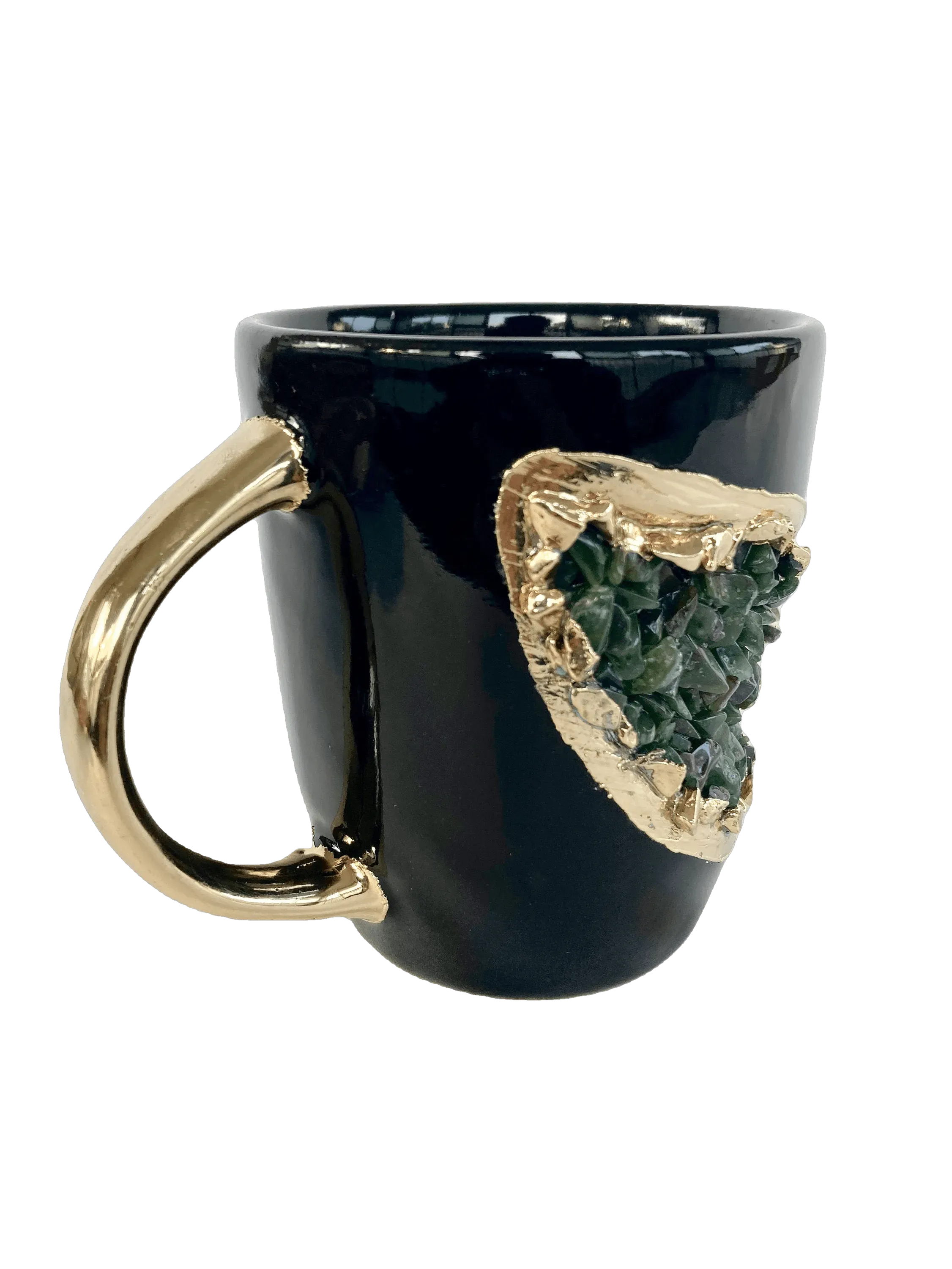 Green Quartz Marbled Black Ceramic Coffee Mug with Gold Handle - Set of 2