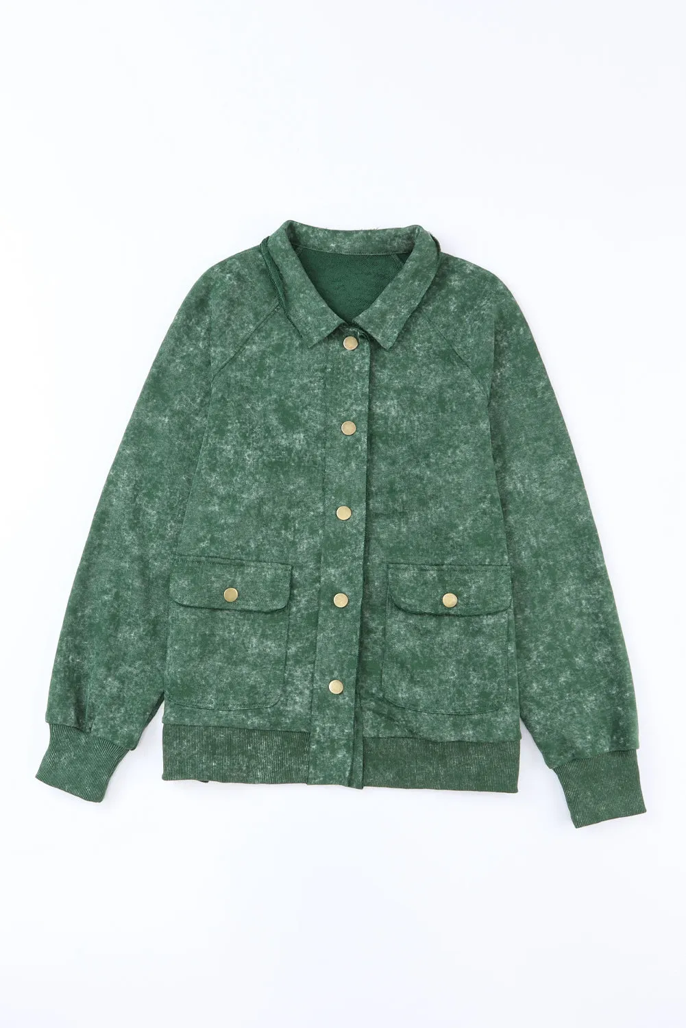 Green Vintage Washed Flap Pocket Button Shacket