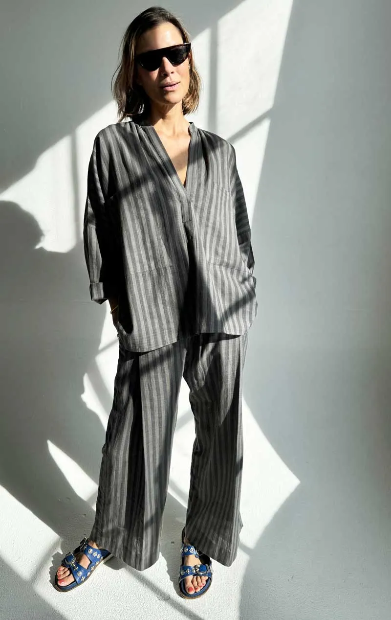 Grey Long Sleeve Shirt in Khadi stripe