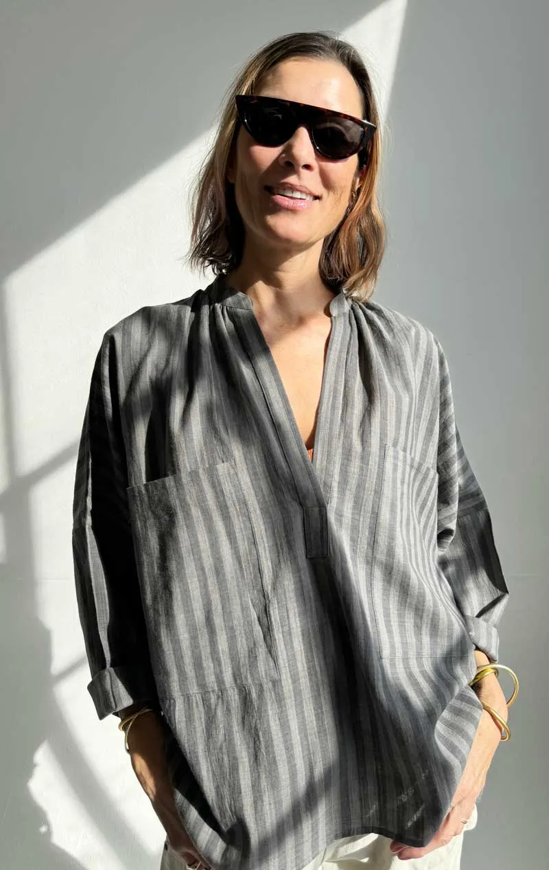 Grey Long Sleeve Shirt in Khadi stripe