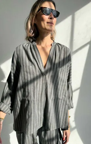 Grey Long Sleeve Shirt in Khadi stripe