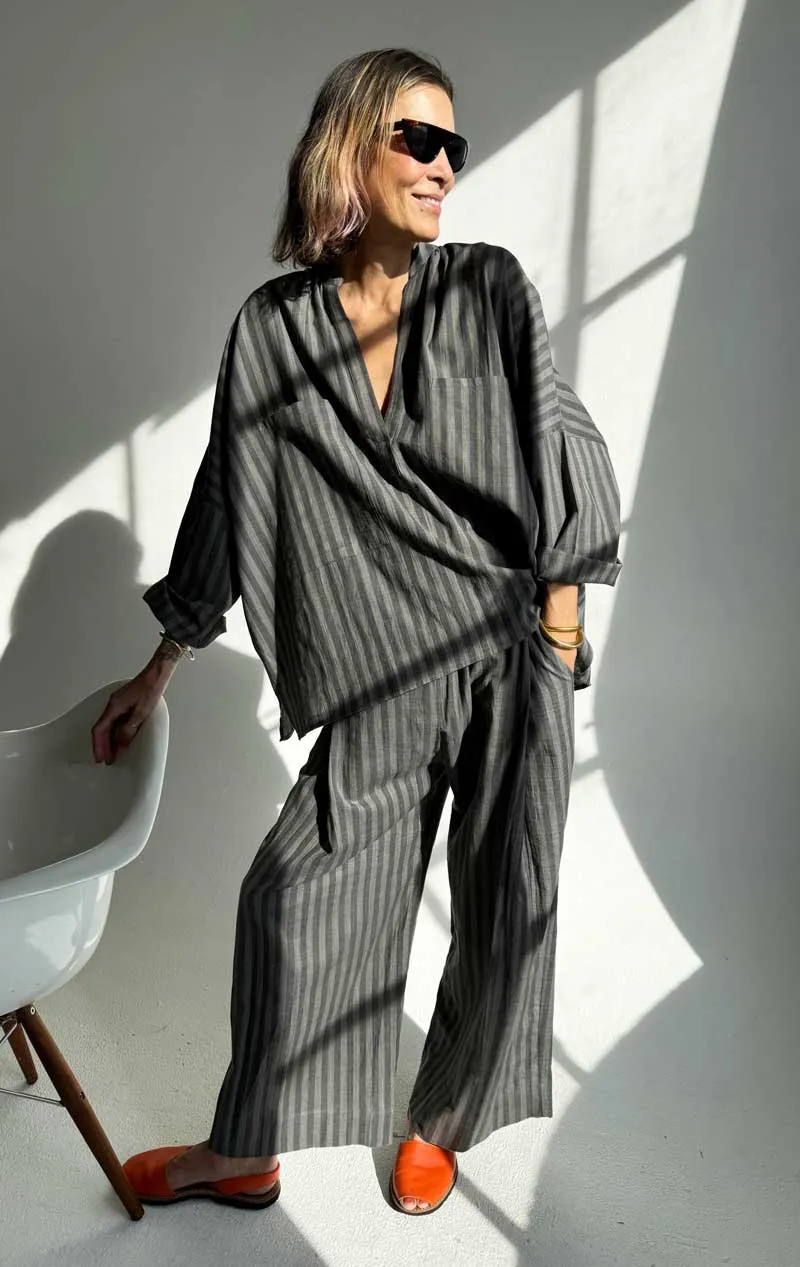 Grey Long Sleeve Shirt in Khadi stripe