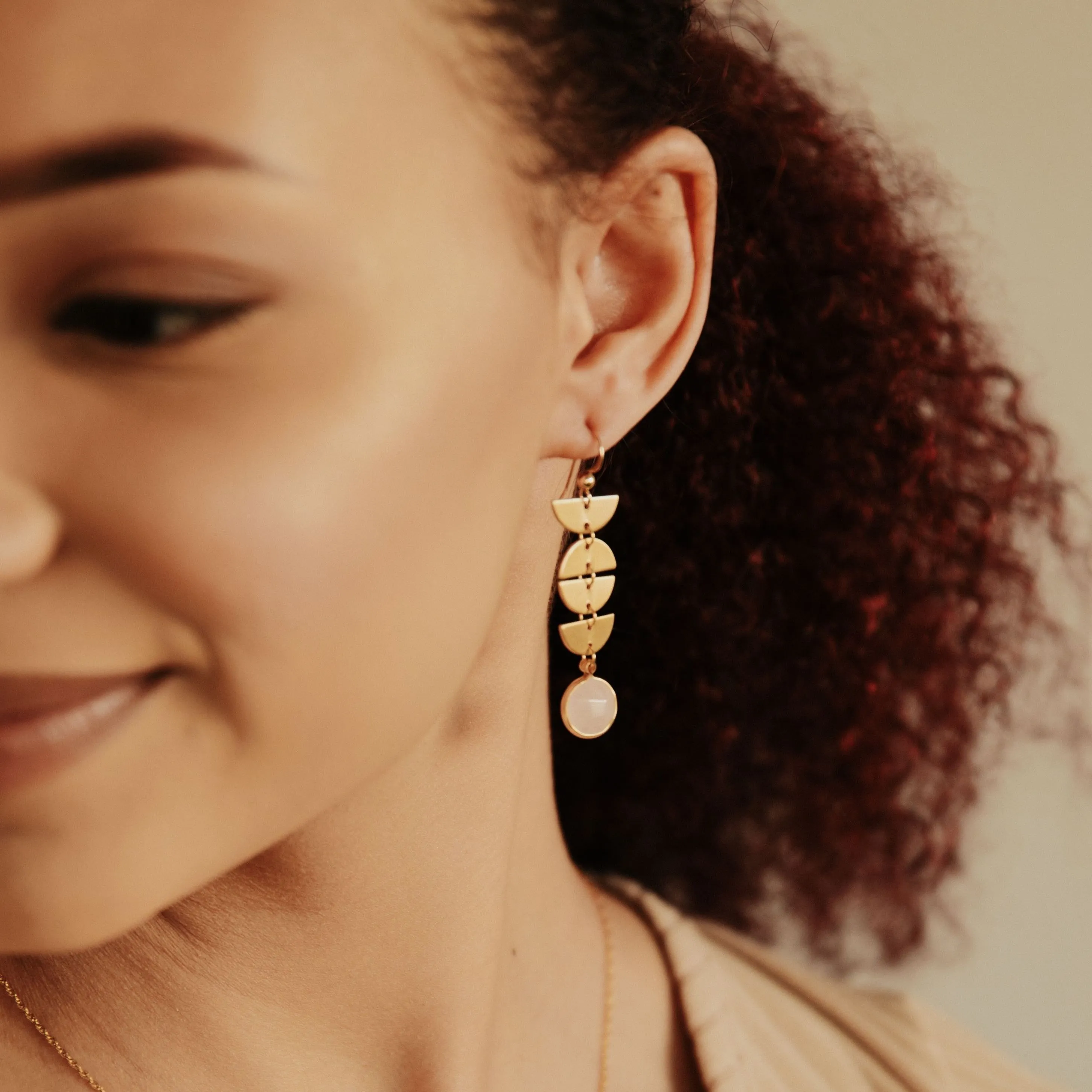 Half Moon Drop Rose Quartz Stone Earrings