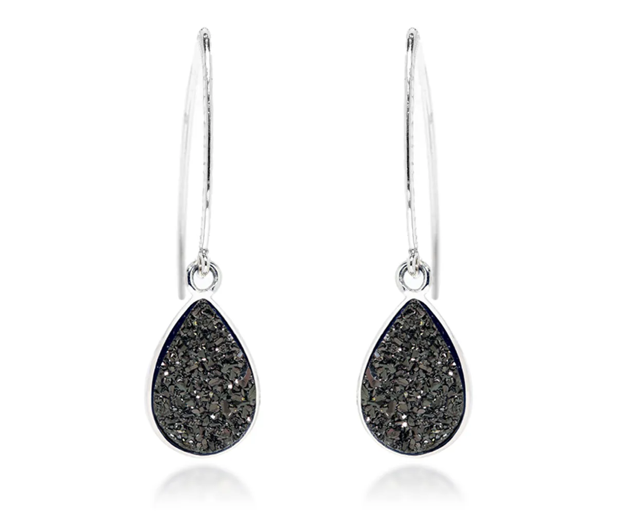 Hammered Teardrop Black Druzy Earrings