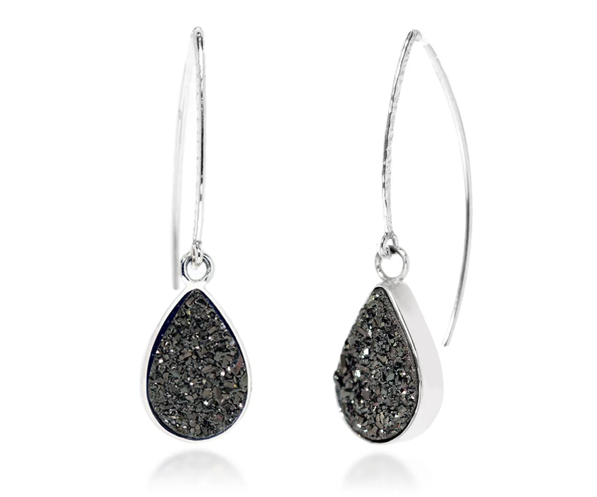 Hammered Teardrop Black Druzy Earrings