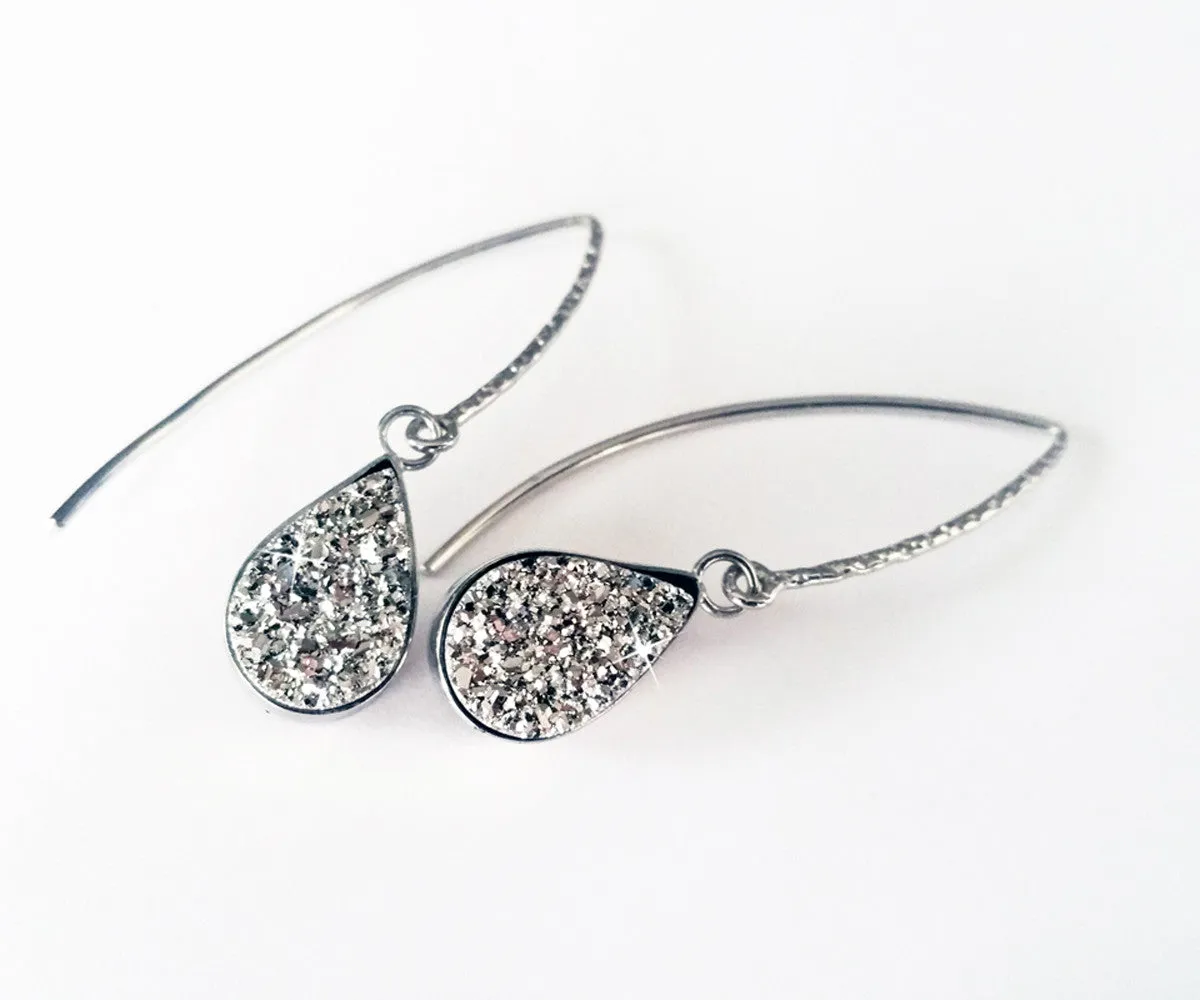 Hammered Teardrop Black Druzy Earrings