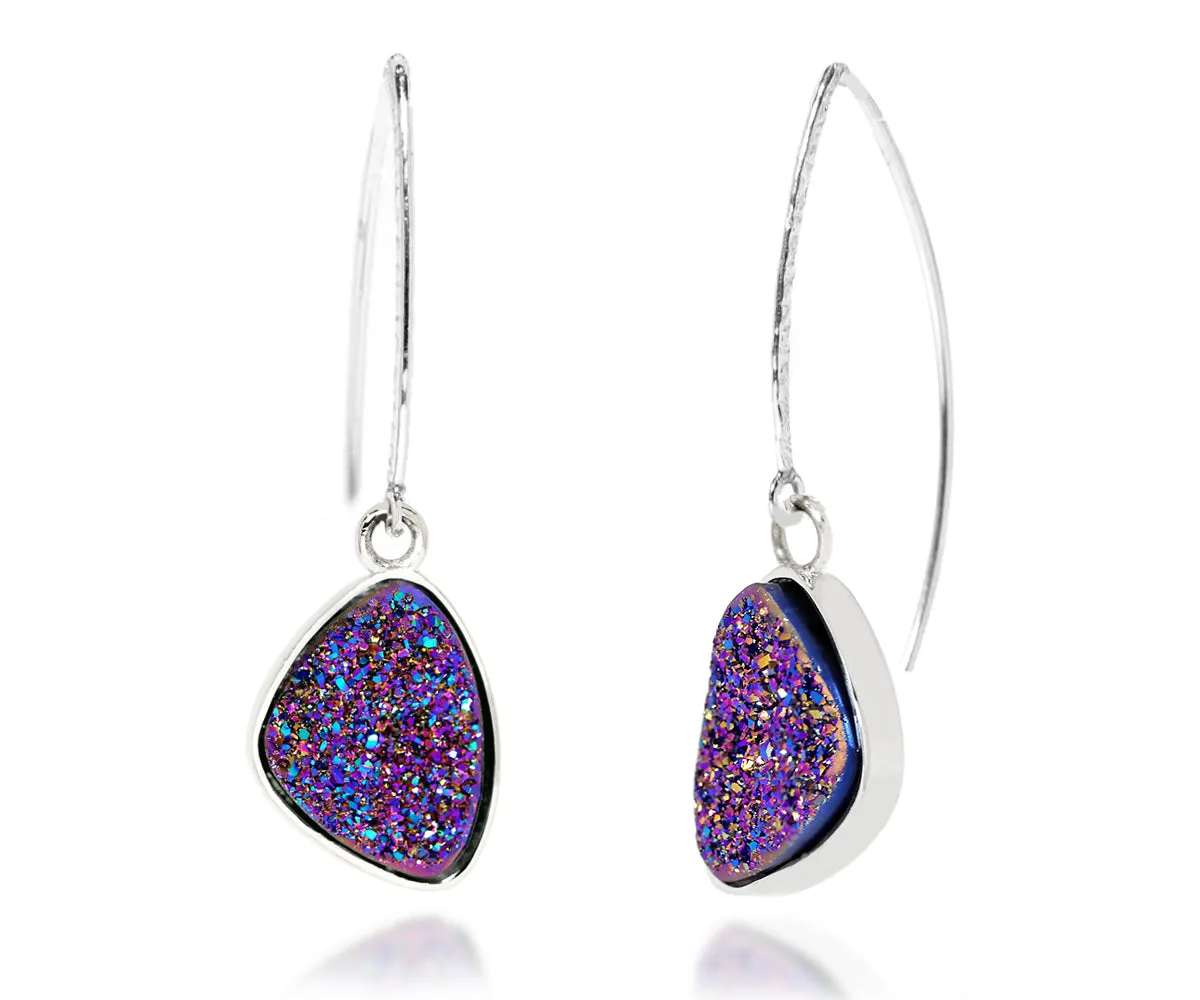 Hammered Trillion Purple Rainbow Druzy Earrings