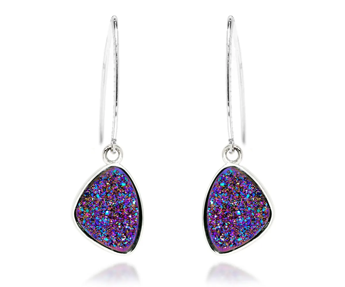 Hammered Trillion Purple Rainbow Druzy Earrings