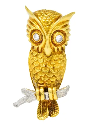 Hammerman Bros. French Diamond Platinum 18 Karat Gold Owl Vintage Brooch