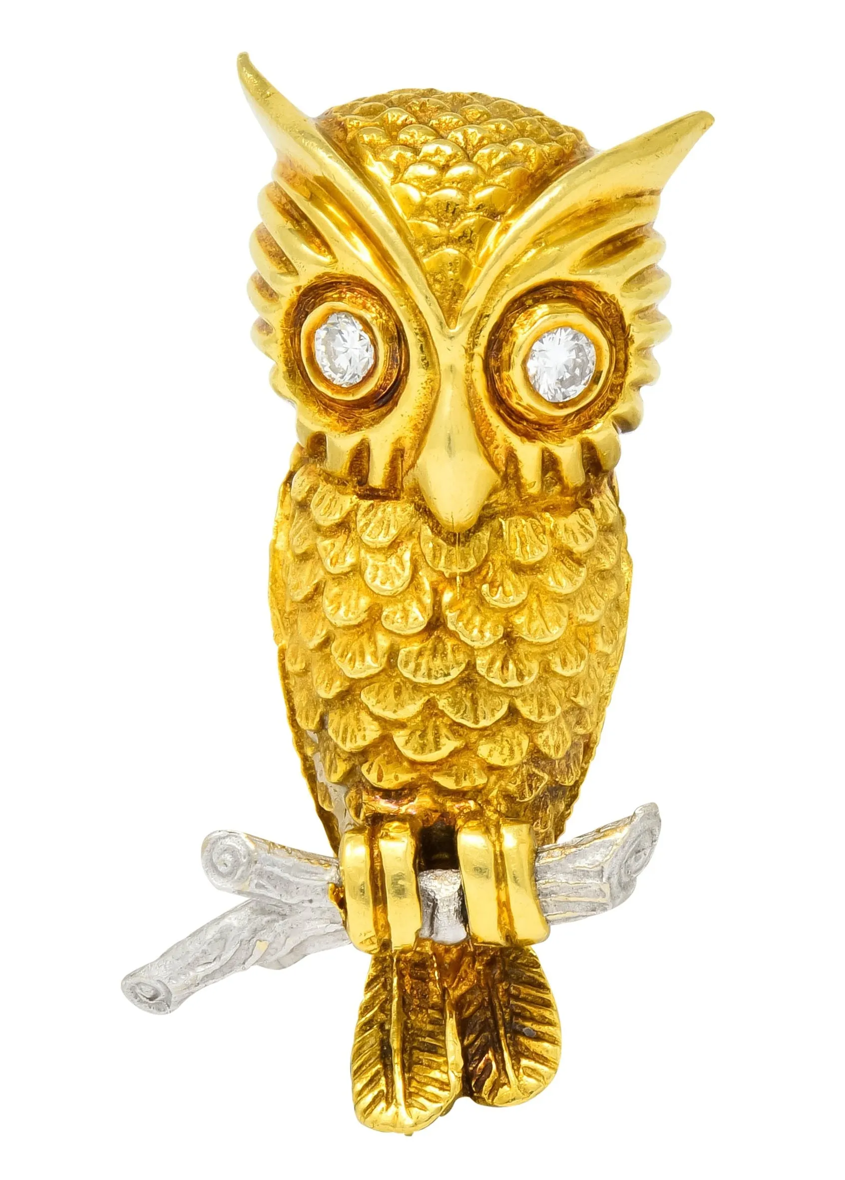 Hammerman Bros. French Diamond Platinum 18 Karat Gold Owl Vintage Brooch