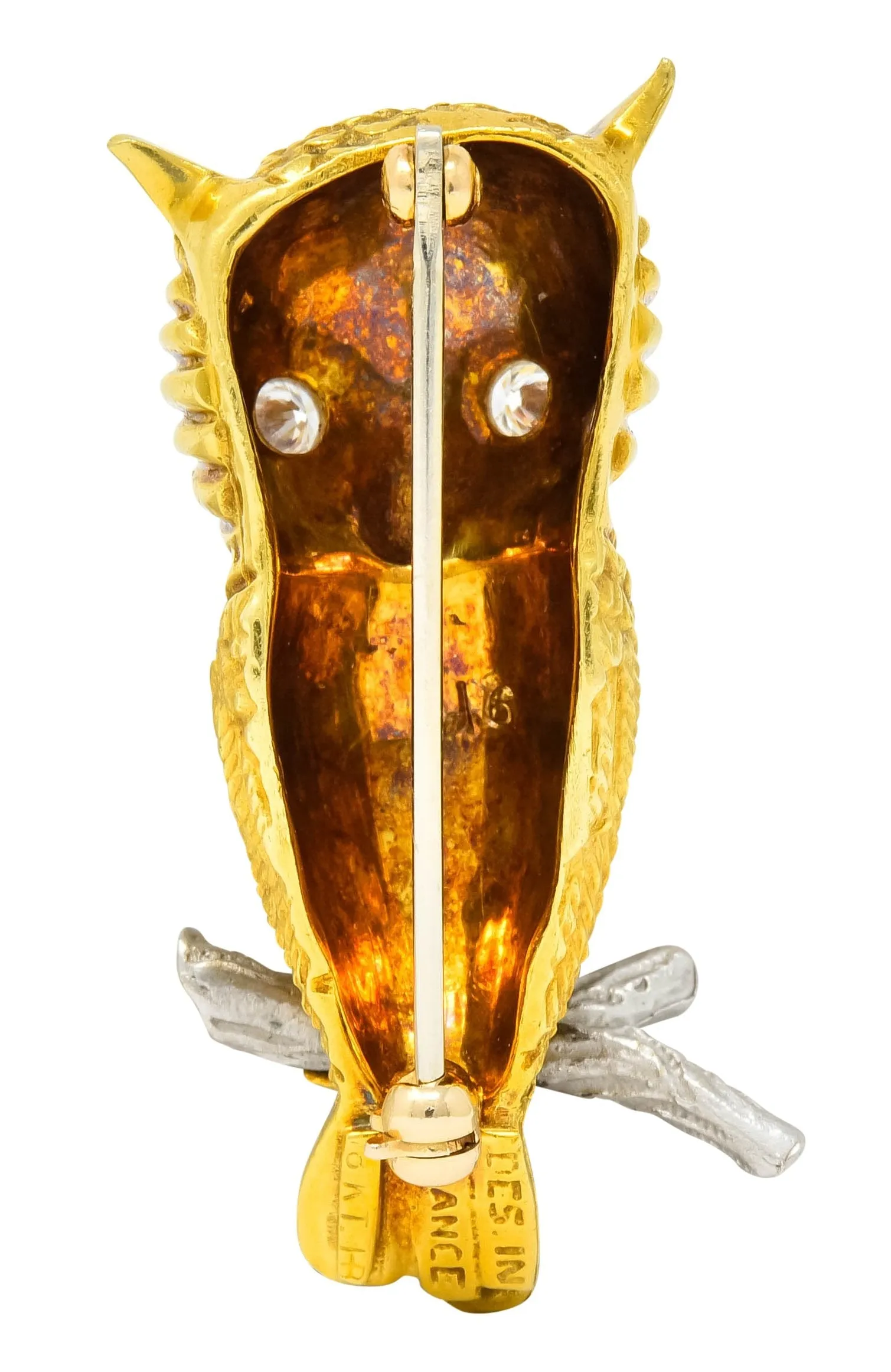 Hammerman Bros. French Diamond Platinum 18 Karat Gold Owl Vintage Brooch