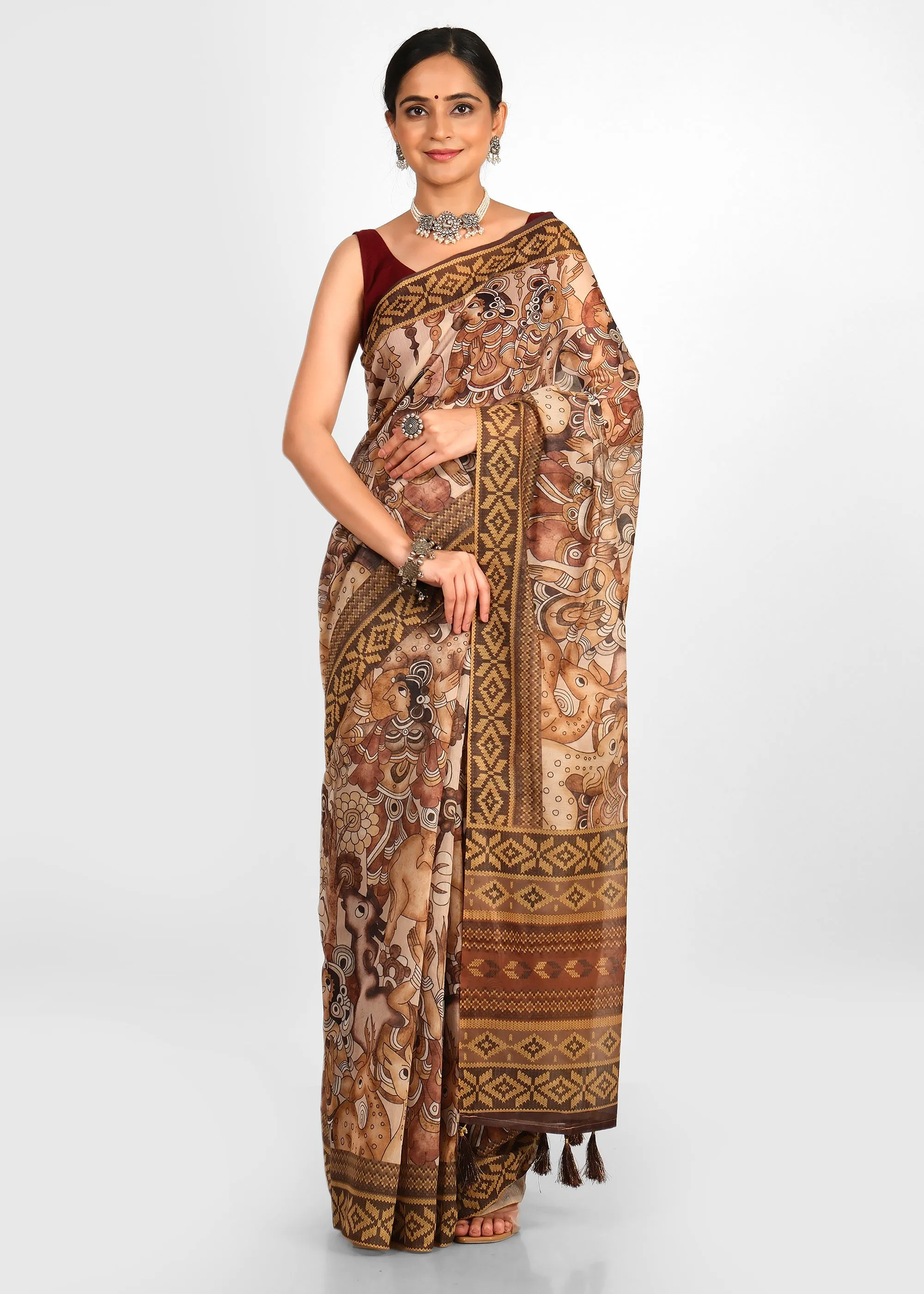 Hand-painted Mythical Motifs Art Silk Saree with Traditional Border