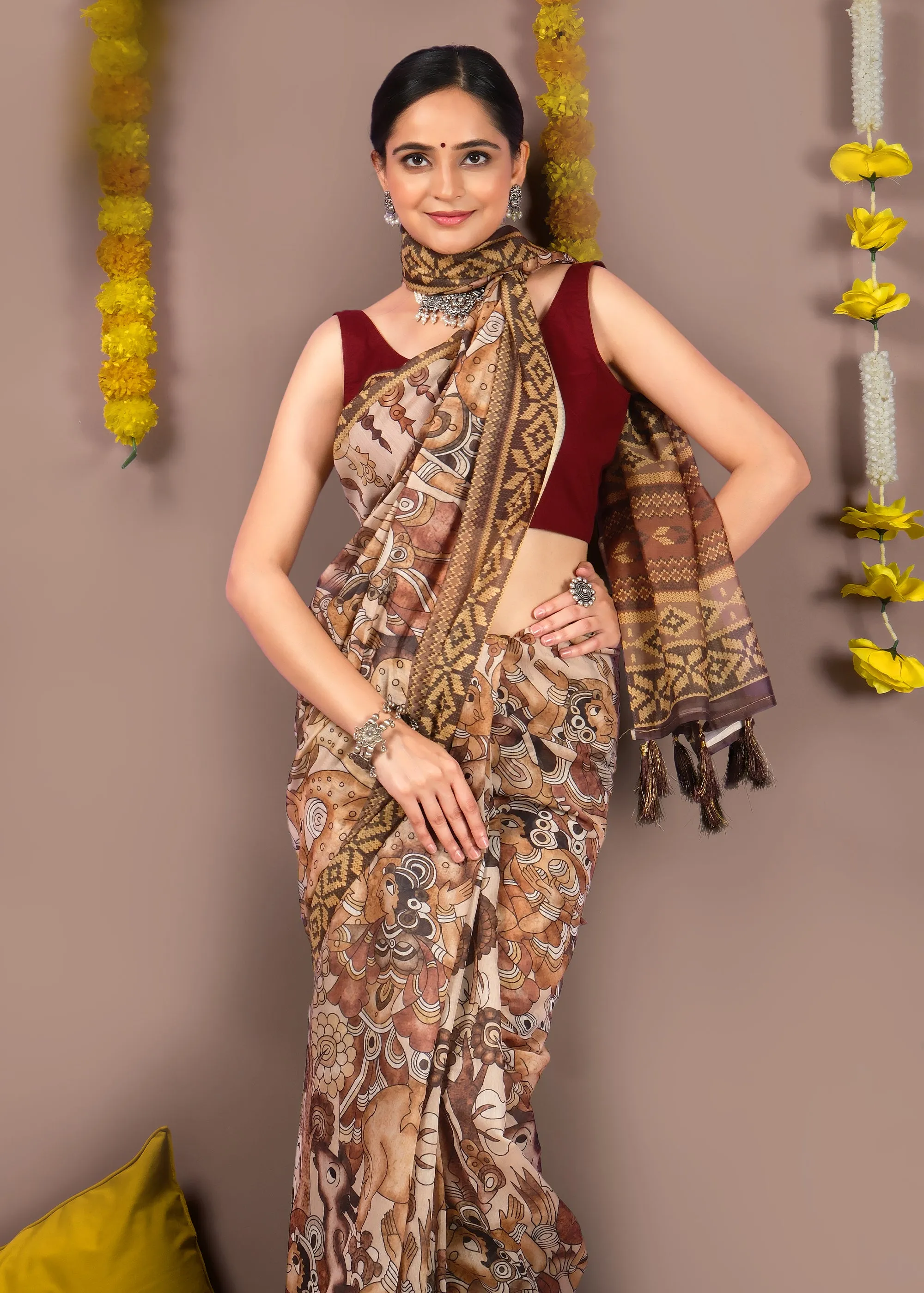 Hand-painted Mythical Motifs Art Silk Saree with Traditional Border