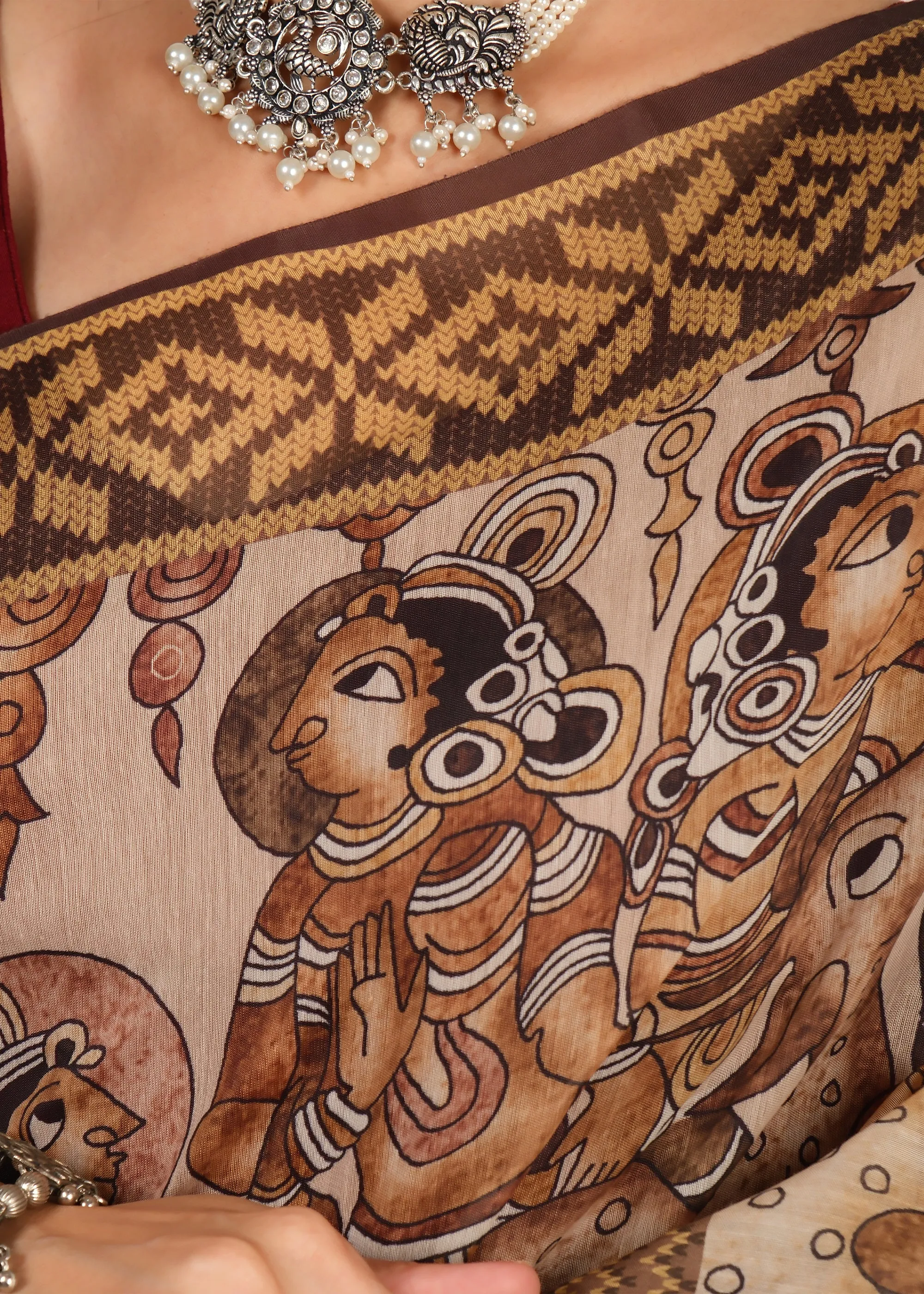 Hand-painted Mythical Motifs Art Silk Saree with Traditional Border