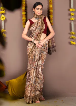 Hand-painted Mythical Motifs Art Silk Saree with Traditional Border
