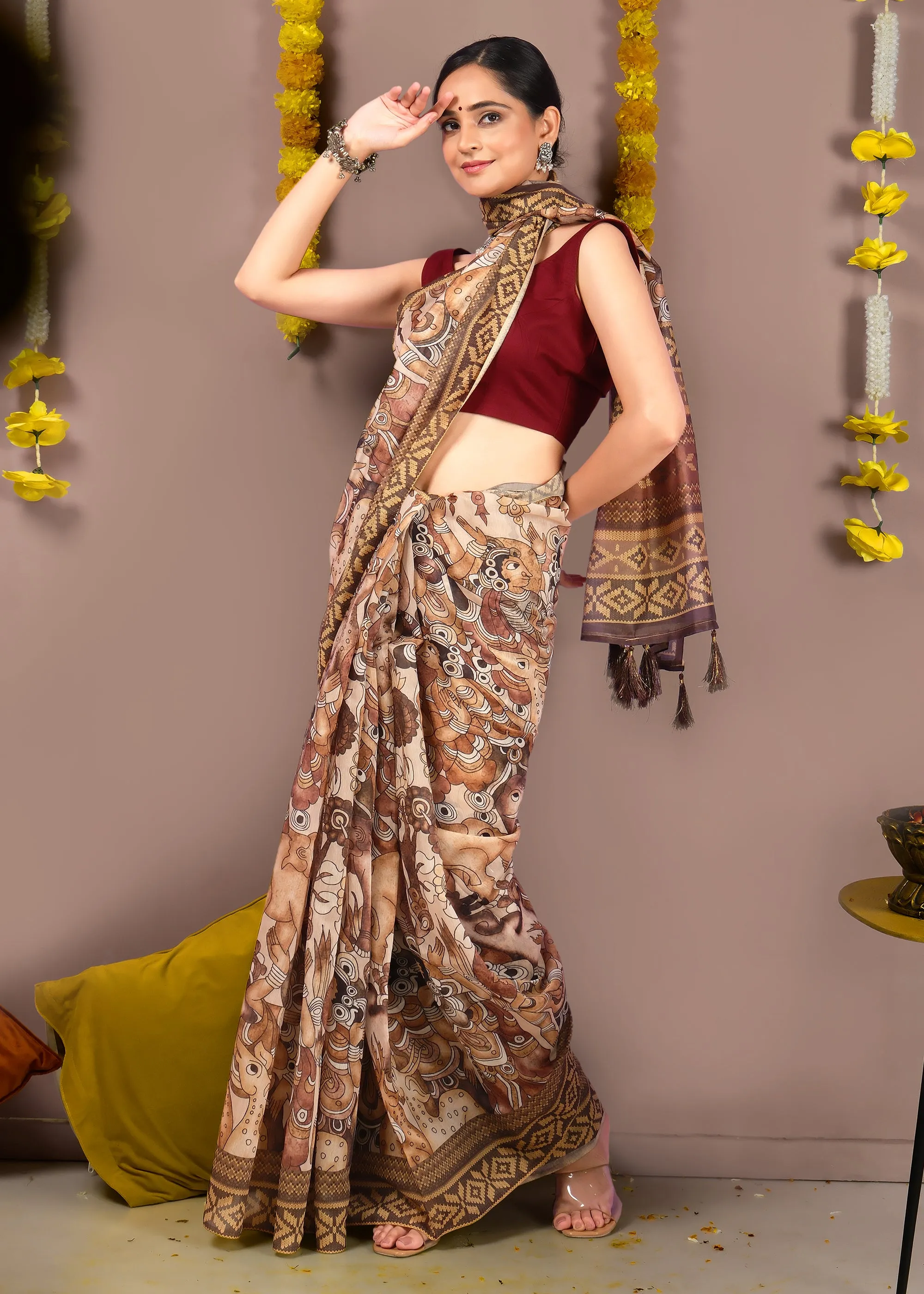 Hand-painted Mythical Motifs Art Silk Saree with Traditional Border