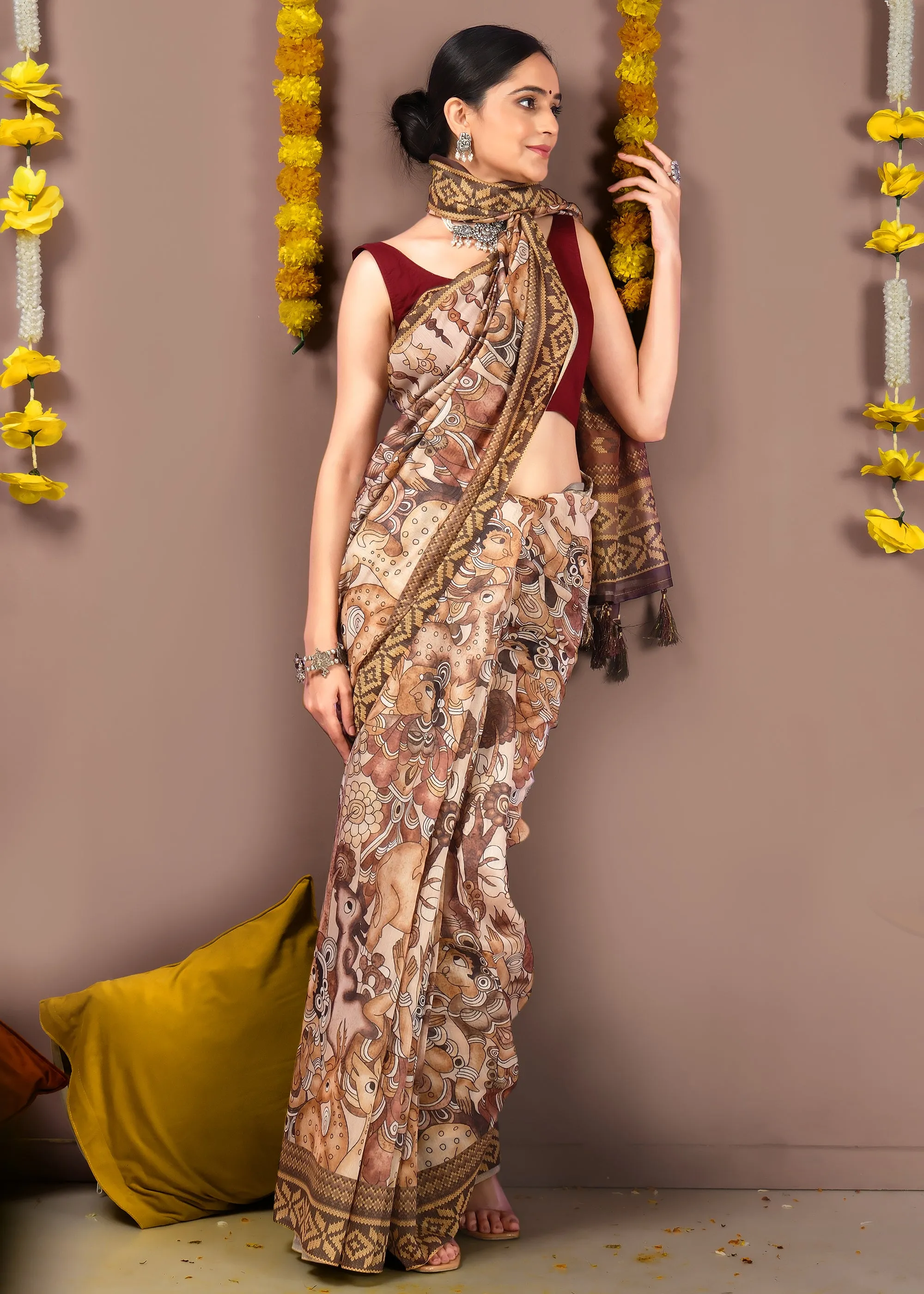 Hand-painted Mythical Motifs Art Silk Saree with Traditional Border