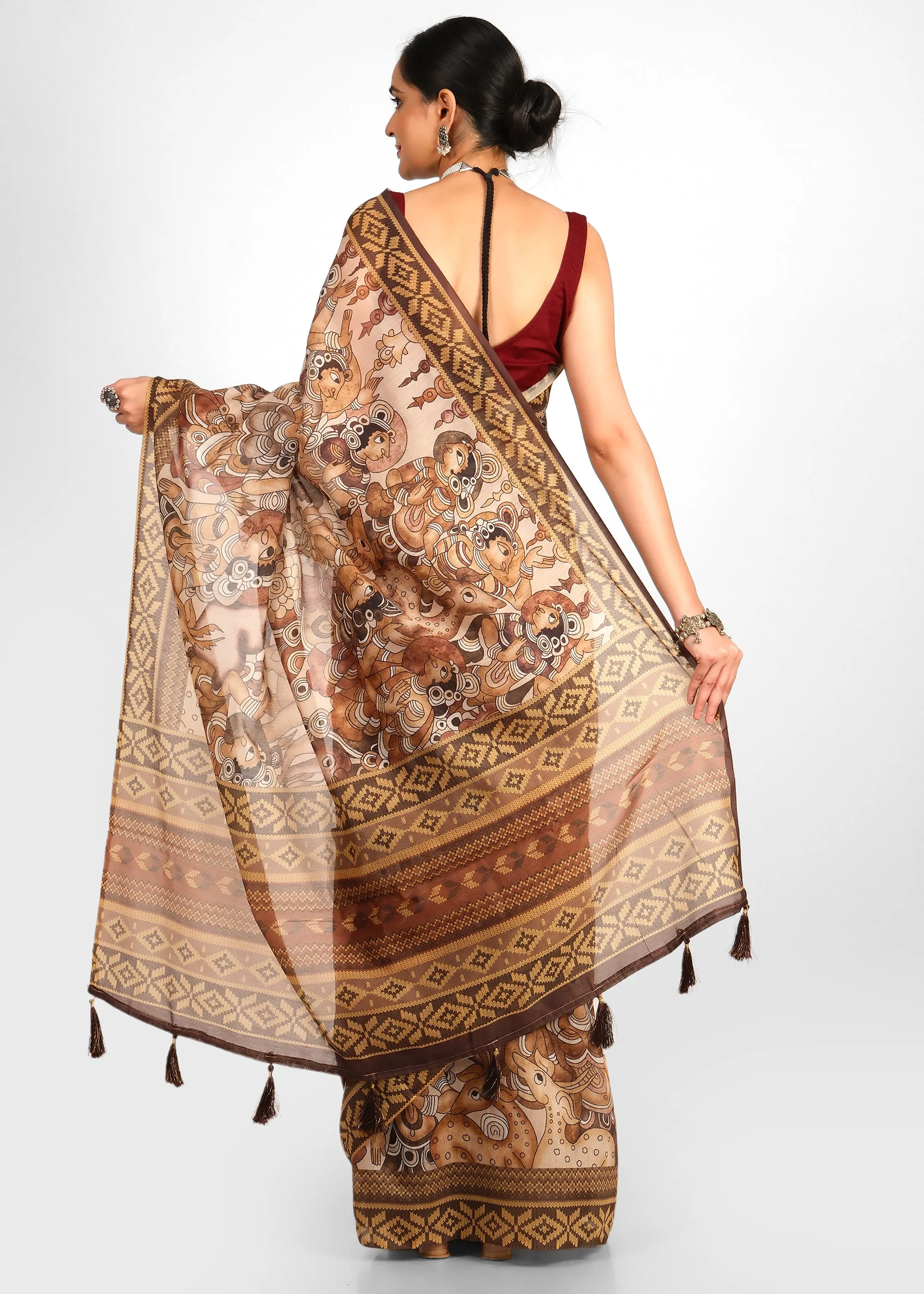 Hand-painted Mythical Motifs Art Silk Saree with Traditional Border