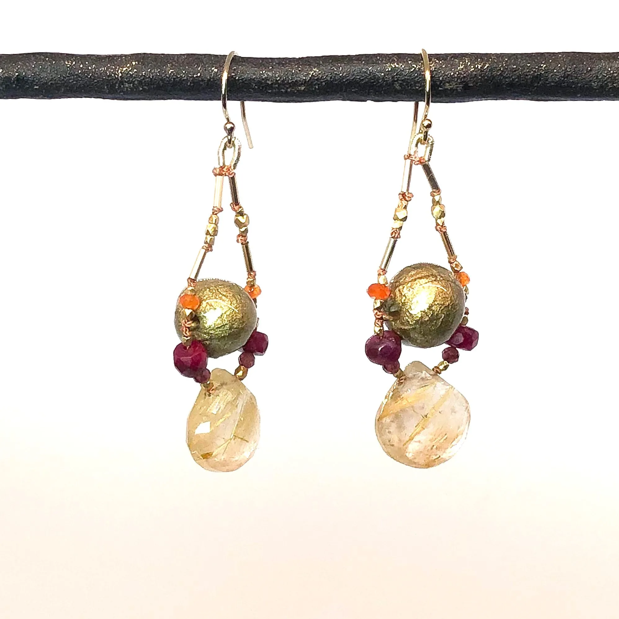 Handmade Paper Bead Earrings with Knotted Gems