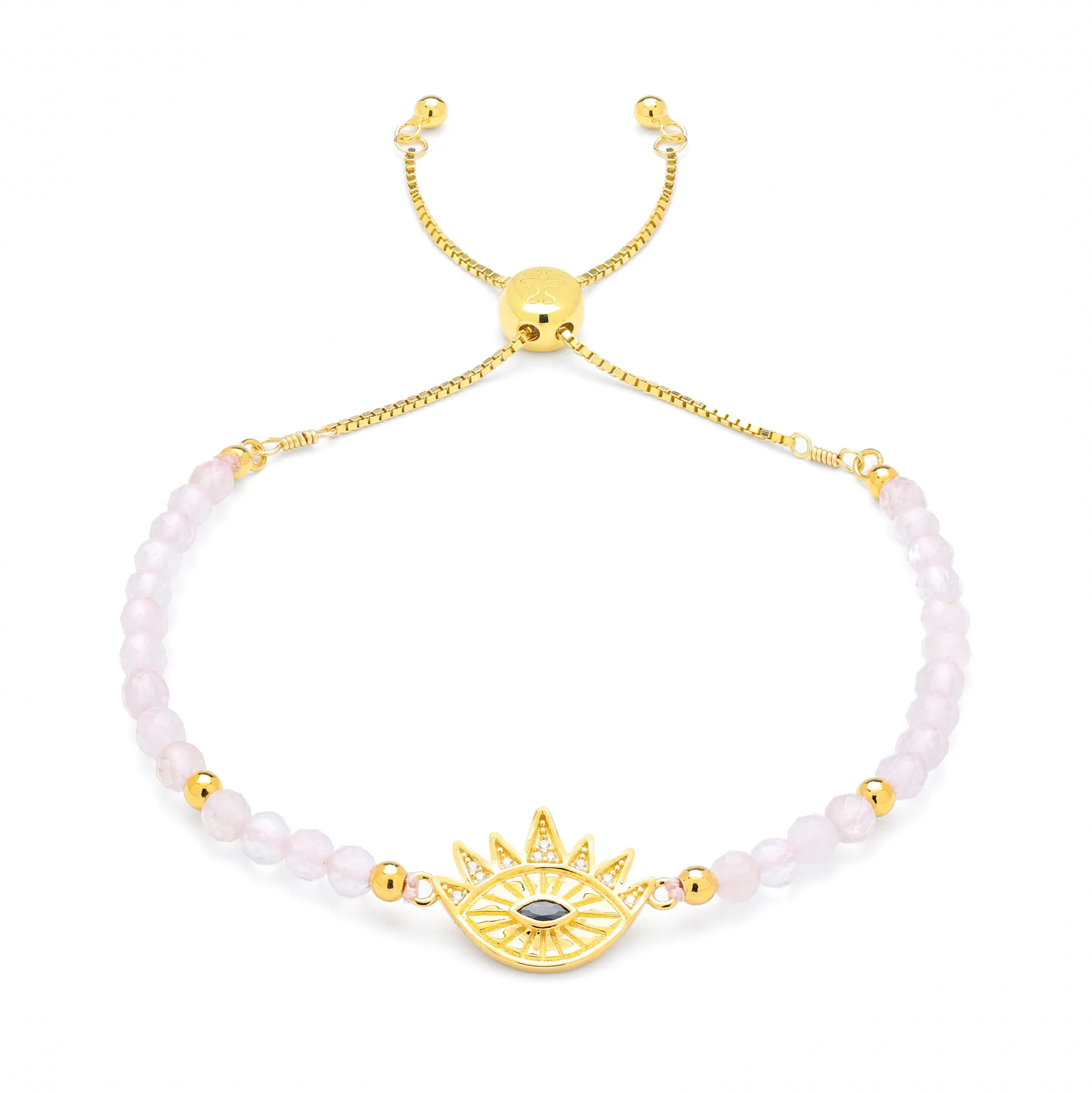 Heart Healing Evil Eye Bracelet, Rose Quartz with Sapphire, 18k Gold