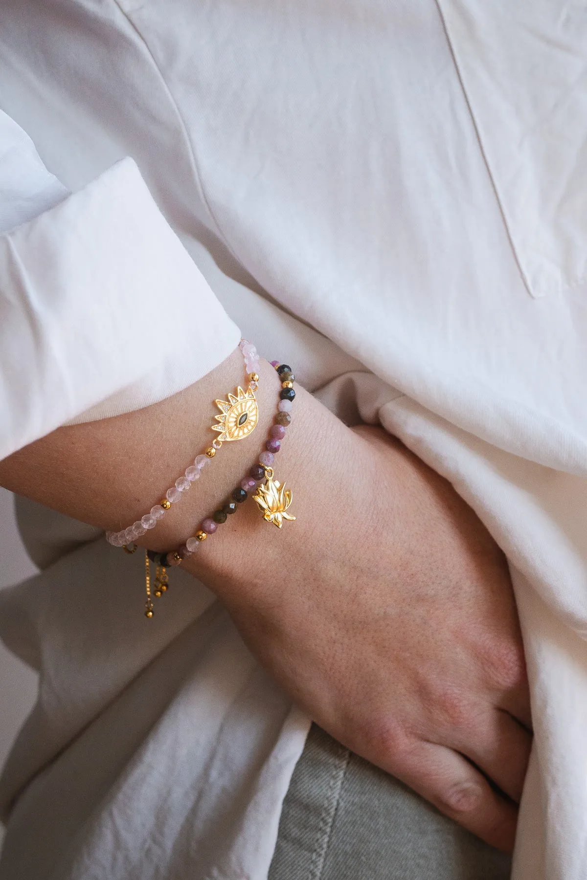 Heart Healing Evil Eye Bracelet, Rose Quartz with Sapphire, 18k Gold