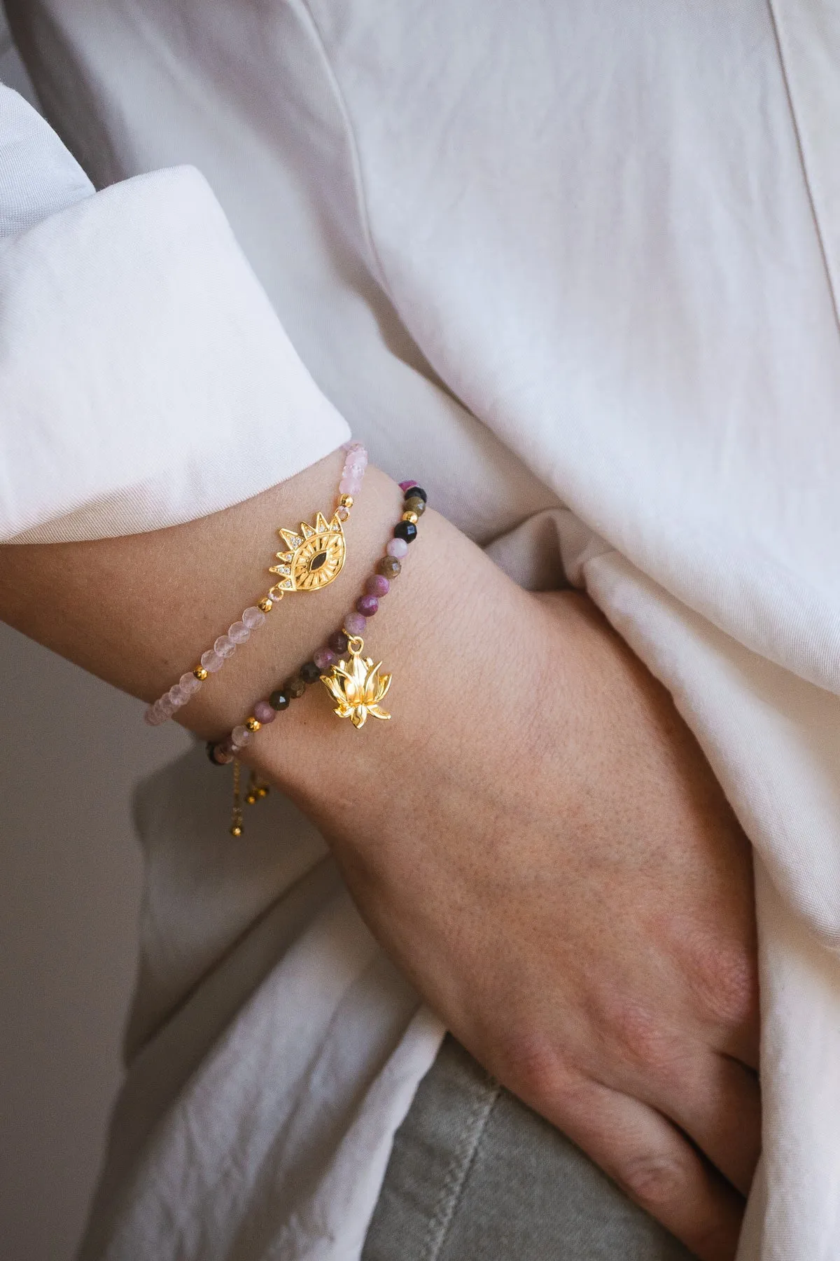 Heart Healing Evil Eye Bracelet, Rose Quartz with Sapphire, 18k Gold