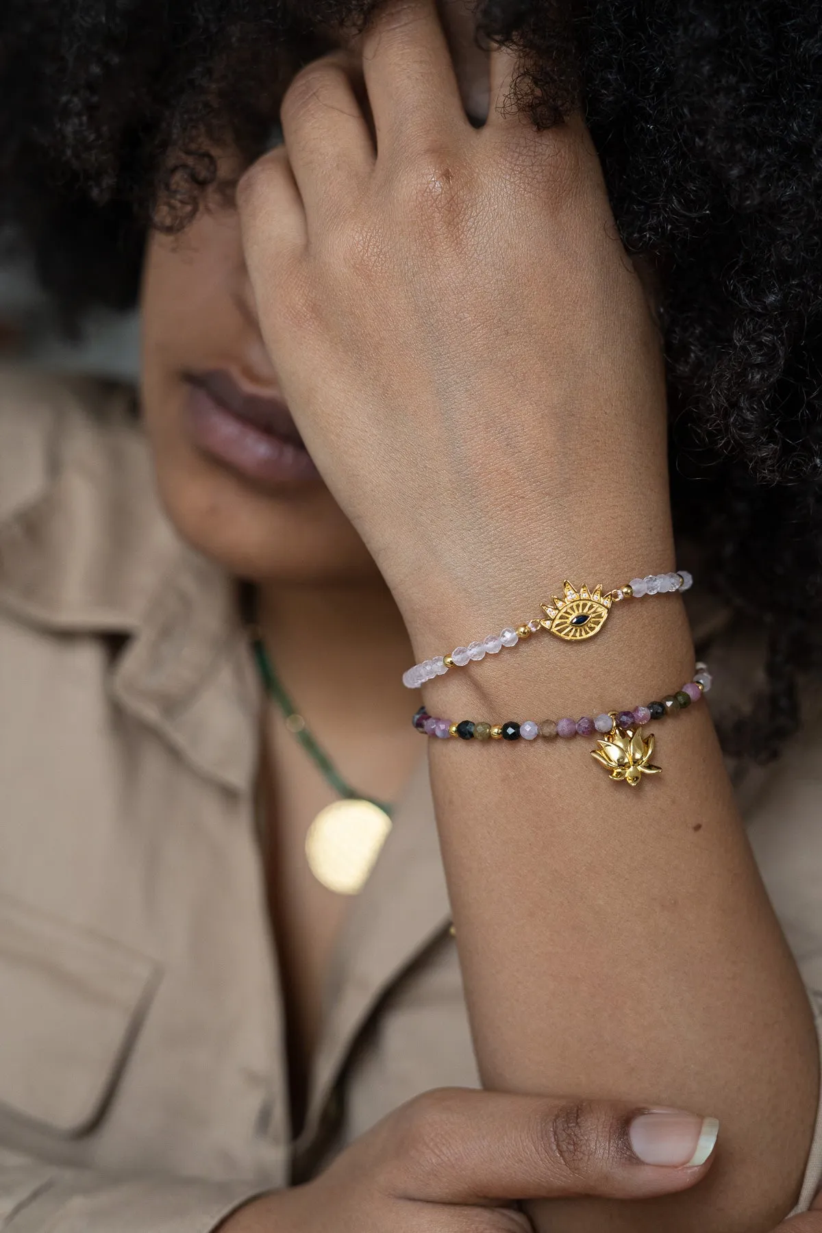Heart Healing Evil Eye Bracelet, Rose Quartz with Sapphire, 18k Gold