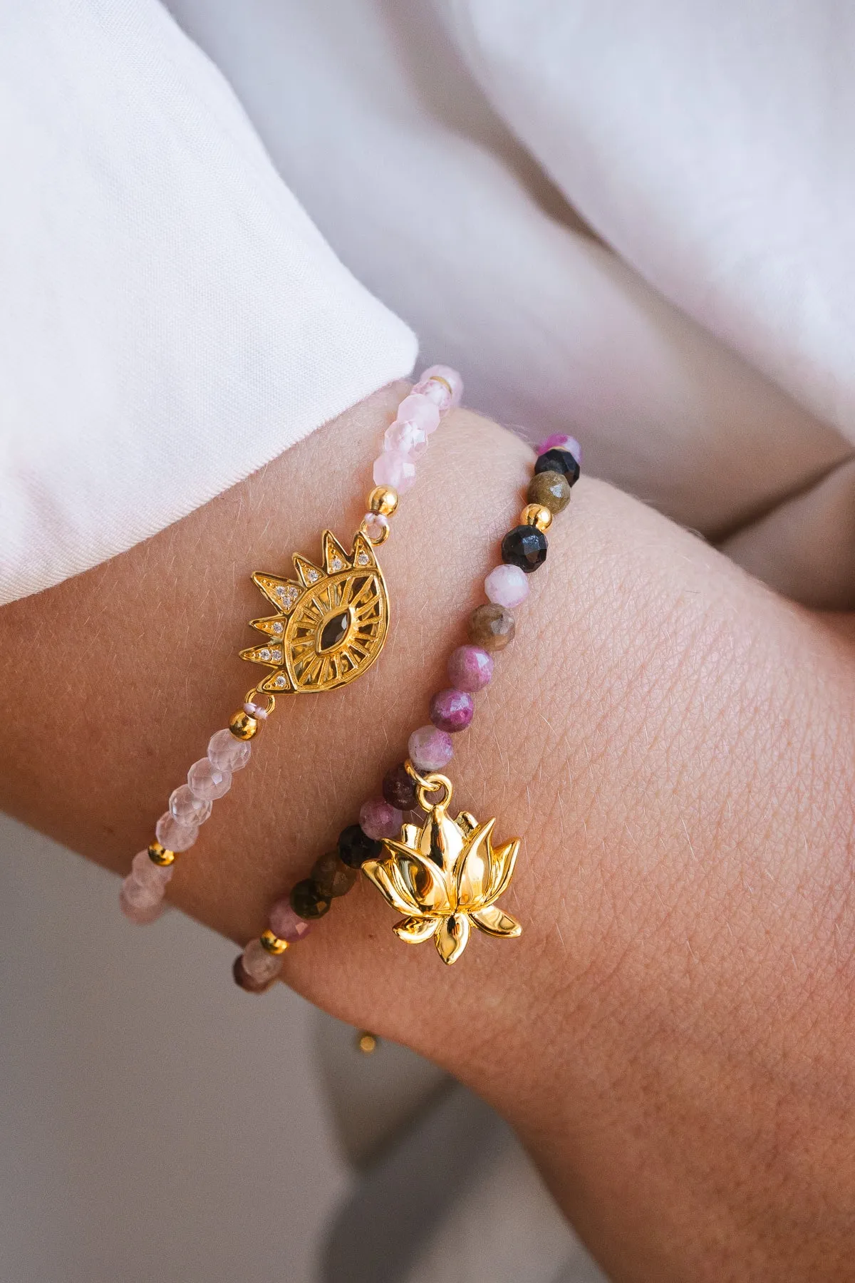 Heart Healing Evil Eye Bracelet, Rose Quartz with Sapphire, 18k Gold