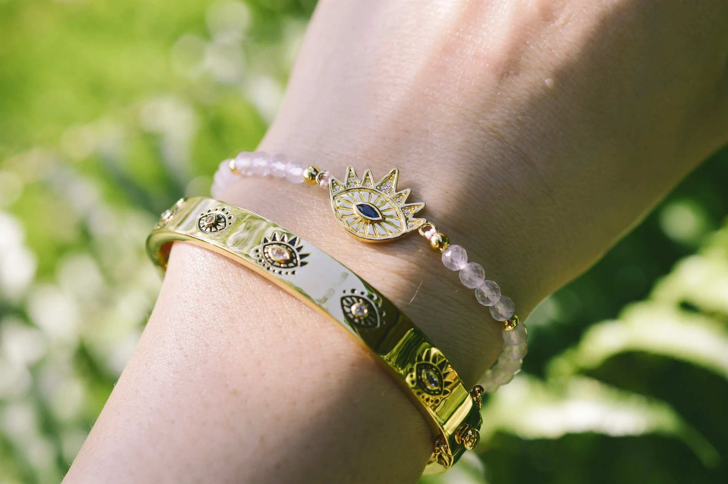 Heart Healing Evil Eye Bracelet, Rose Quartz with Sapphire, 18k Gold