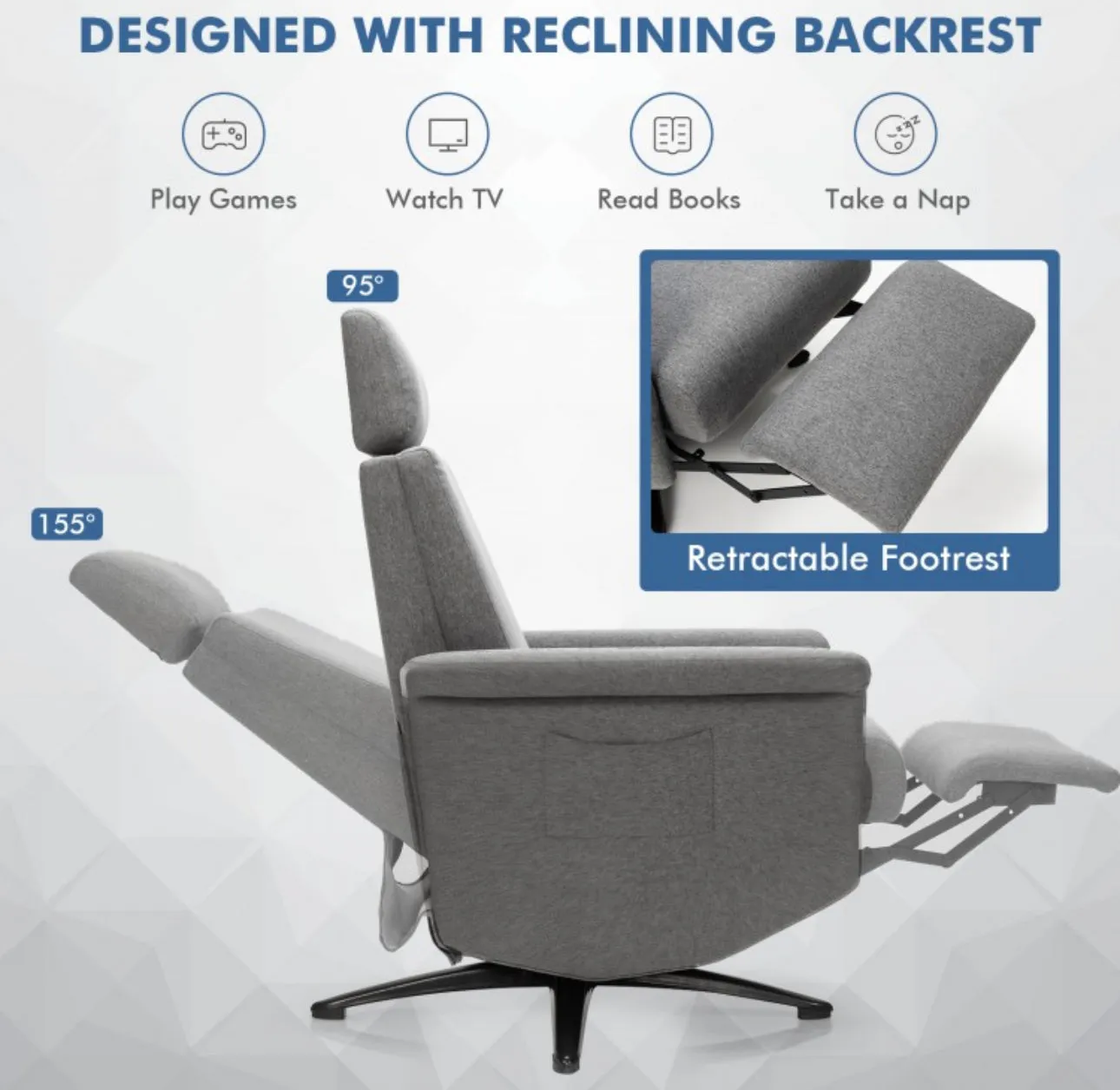 Heavy Duty Relaxing Swivel Comfortable Massage Recliner Single Sofa Chair With Adjustable Headrest | Massage Remote | 8 Massage Modes | Gray