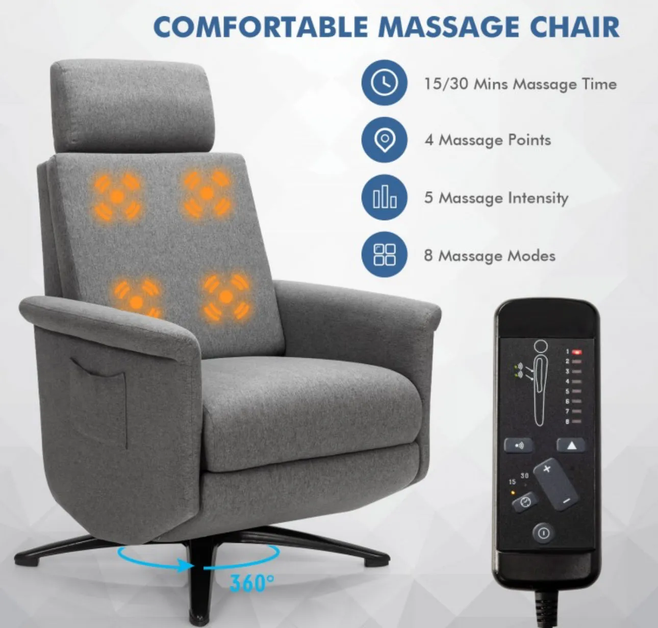 Heavy Duty Relaxing Swivel Comfortable Massage Recliner Single Sofa Chair With Adjustable Headrest | Massage Remote | 8 Massage Modes | Gray